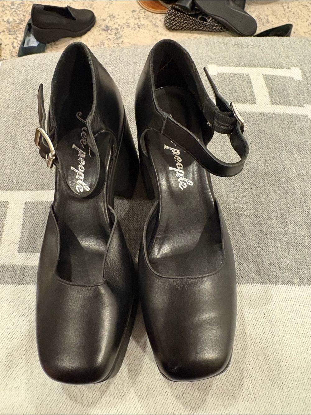 Free People Women’s Gwen Platform Black Leather Mary Jane Heels Size EU 38 US7.5
